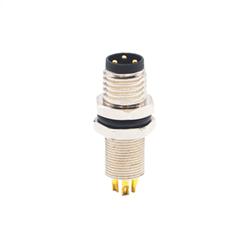 M8 3pins A code male straight rear panel mount connector,unshielded,solder,brass with nickel plated shell
